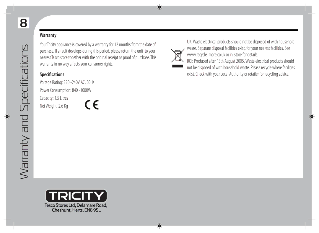 Tricity Bendix TCM10 instruction manual Warranty, Specifications 