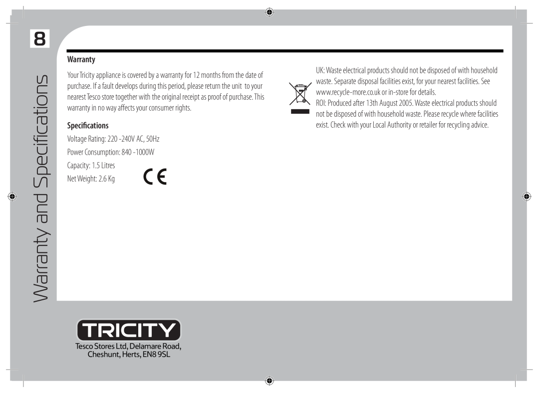 Tricity Bendix TCM10 Warranty, Specifications, Voltage Rating 220 -240VAC, 50Hz, Power Consumption 840 -1000W 