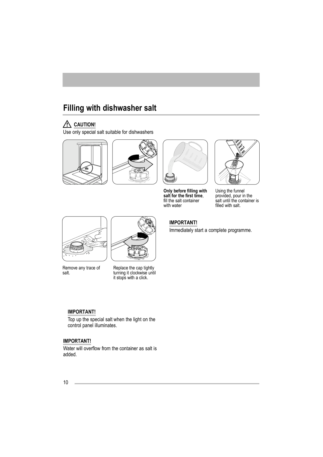 Tricity Bendix TDF 221 manual Filling with dishwasher salt, Use only special salt suitable for dishwashers 