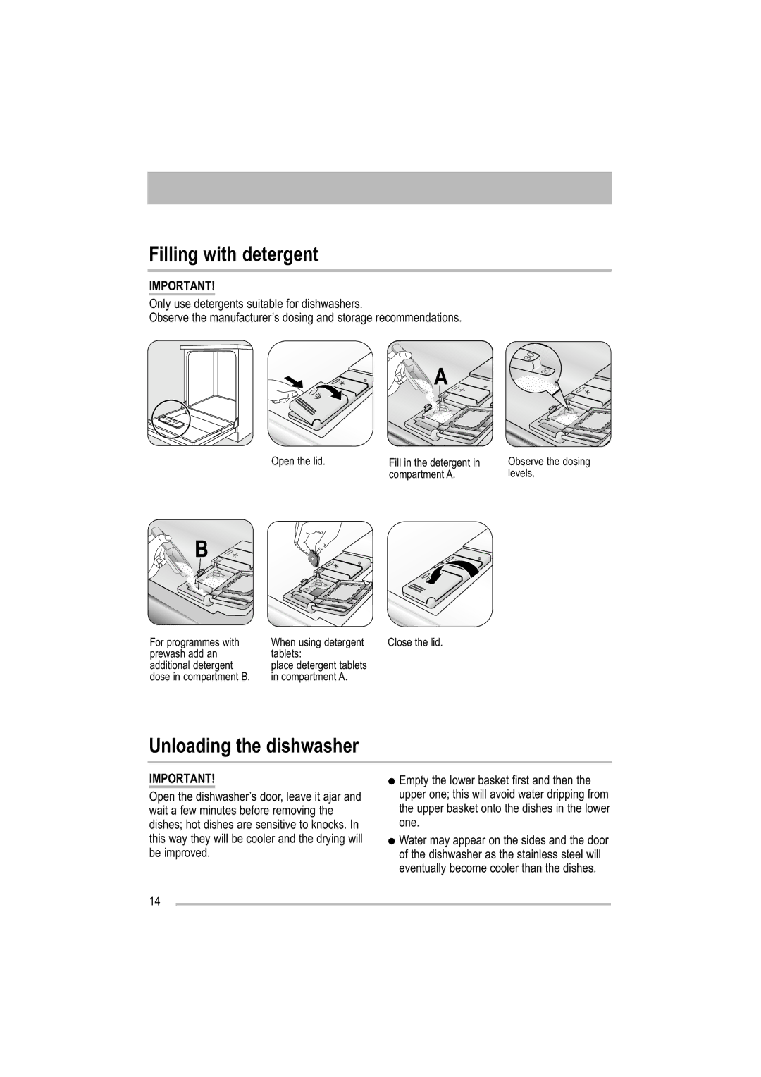 Tricity Bendix TDF 221 manual Filling with detergent, Unloading the dishwasher 