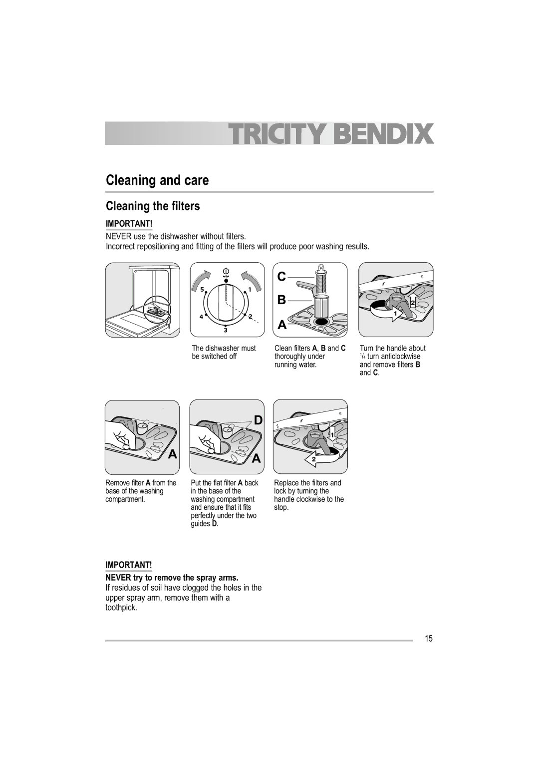 Tricity Bendix TDF 221 manual Cleaning and care, Cleaning the filters, Never try to remove the spray arms 