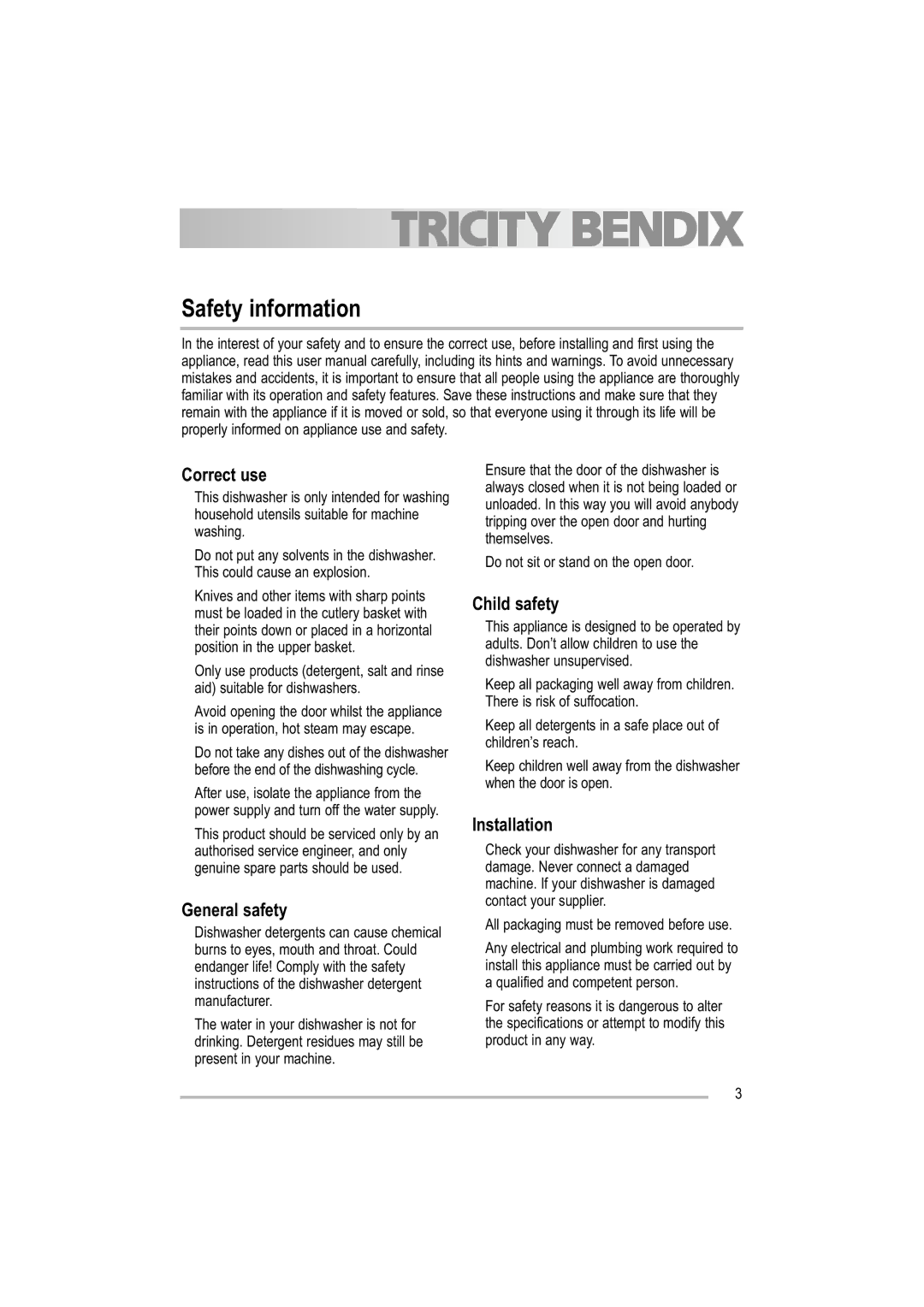 Tricity Bendix TDF 221 manual Safety information, Correct use, General safety, Child safety, Installation 