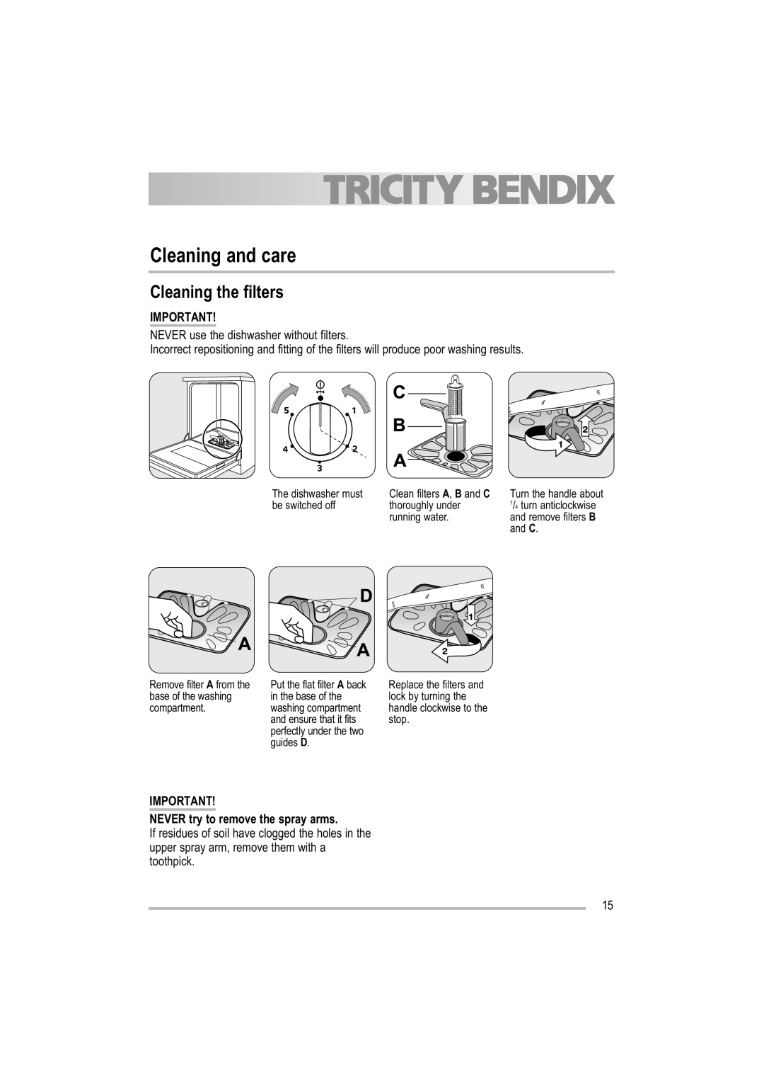 Tricity Bendix TDF 221 manual Cleaning and care, Cleaning the filters, NEVER try to remove the spray arms 