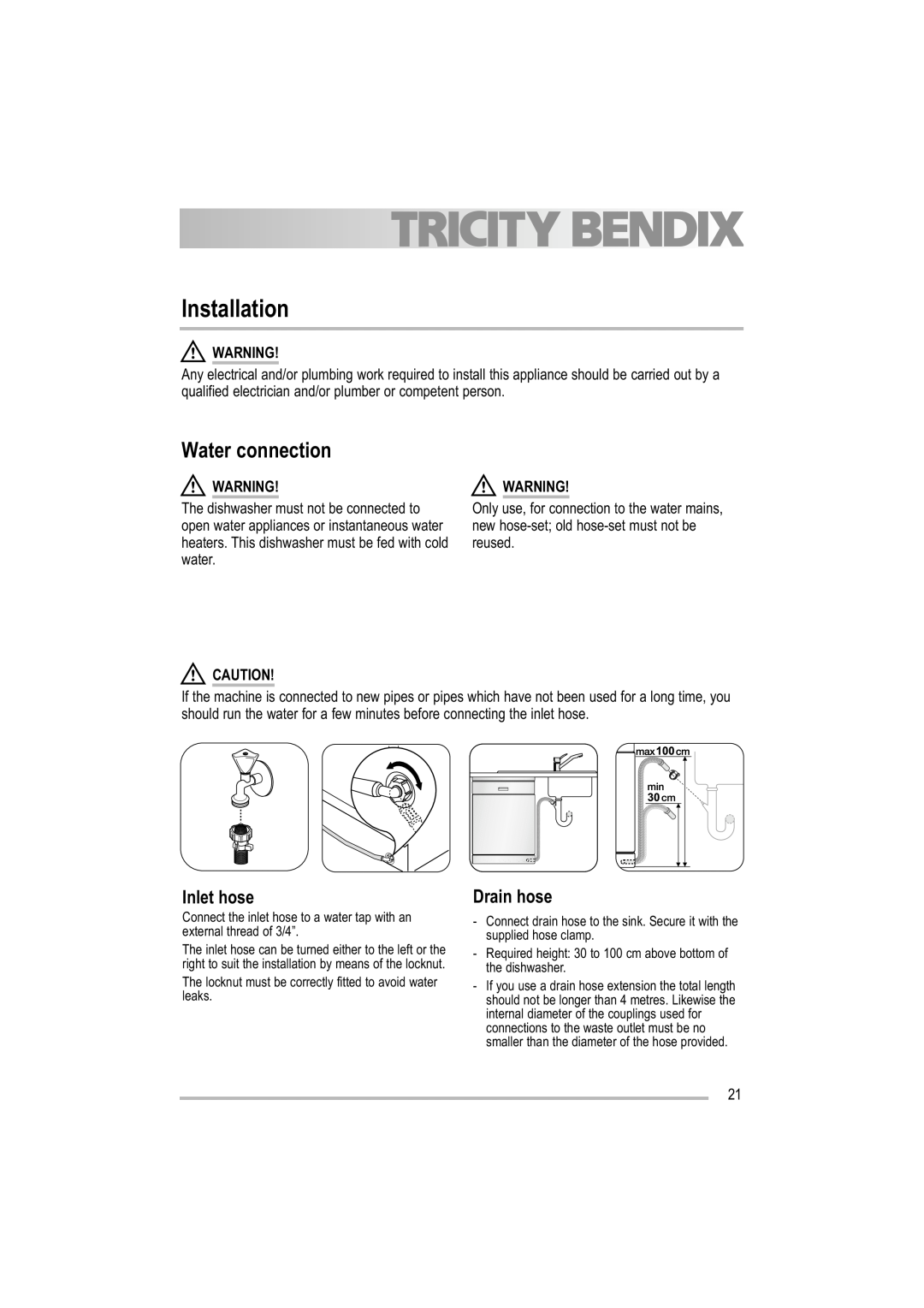 Tricity Bendix TDF 221 manual Installation, Water connection, Inlet hose, Drain hose 