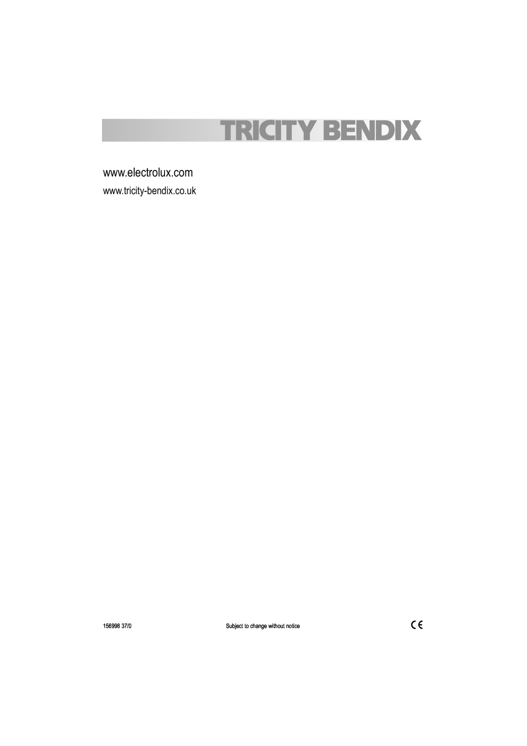 Tricity Bendix TDF 221 manual 156998 37/0, Subject to change without notice 