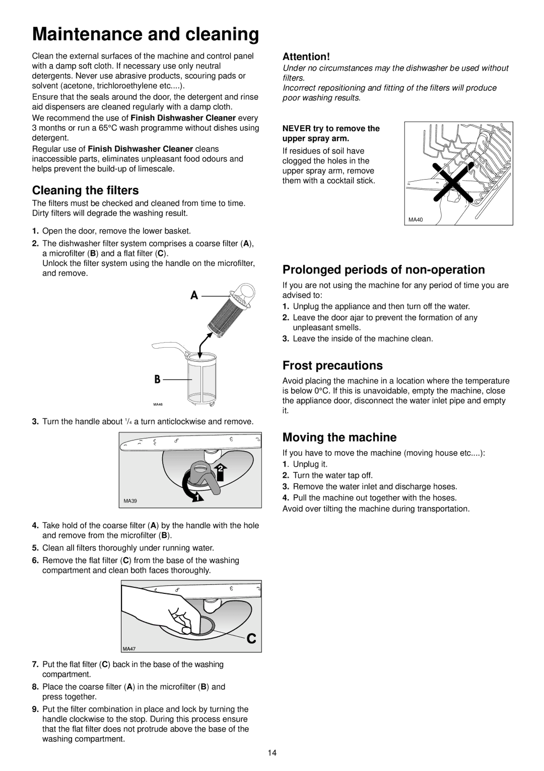 Tricity Bendix TDS 200 manual Maintenance and cleaning, Cleaning the filters, Prolonged periods of non-operation 