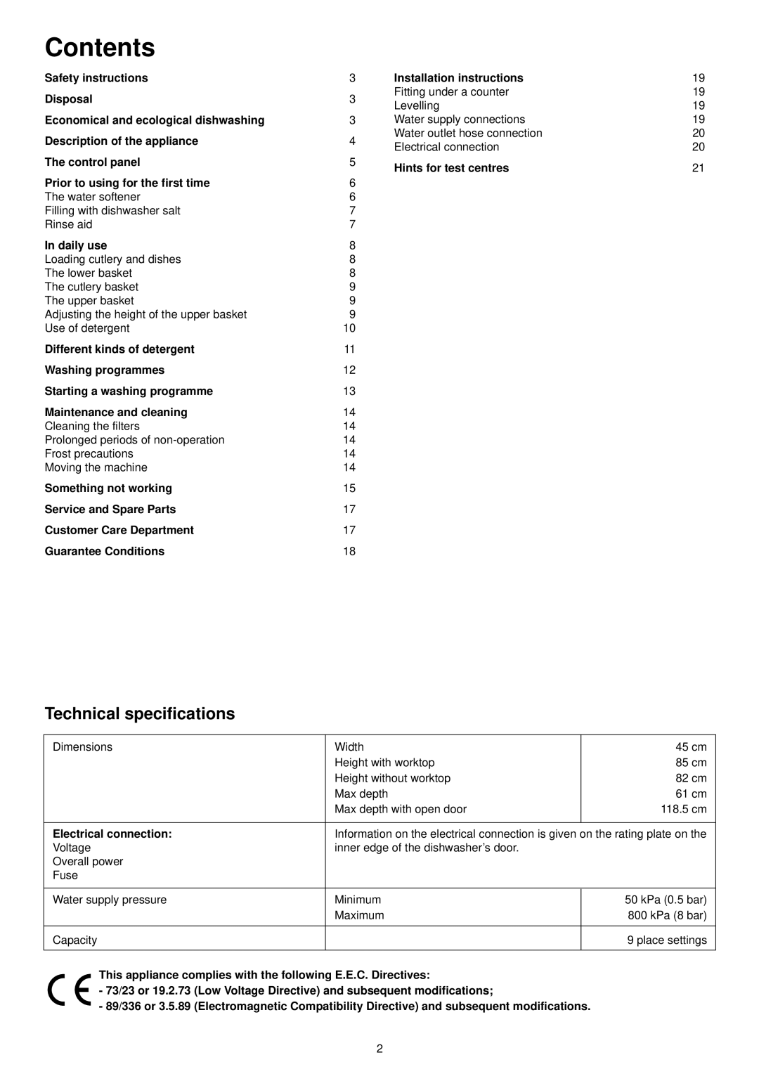 Tricity Bendix TDS 200 manual Contents 