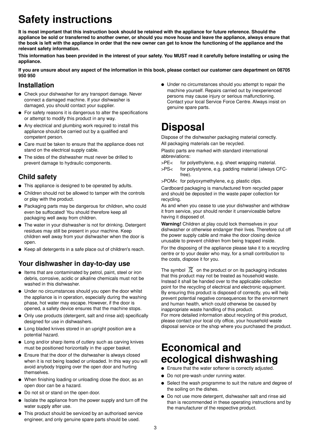 Tricity Bendix TDS 200 manual Safety instructions, Disposal, Installation, Child safety, Your dishwasher in day-to-day use 