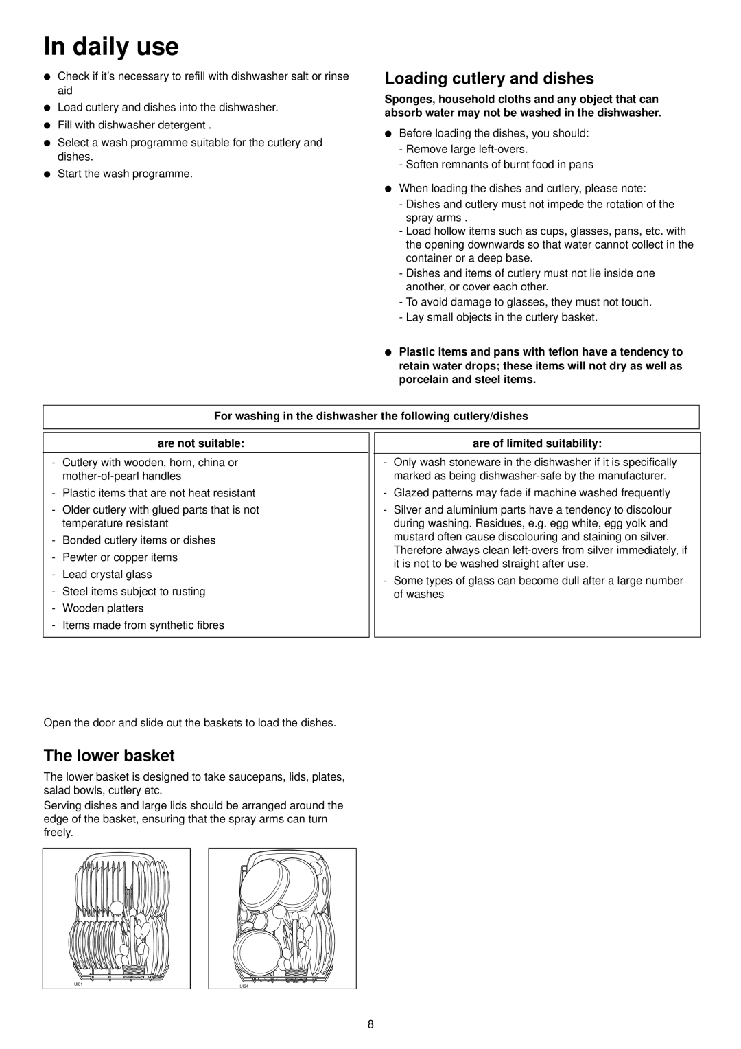 Tricity Bendix TDS 200 manual Daily use, Loading cutlery and dishes, Lower basket, Are of limited suitability 