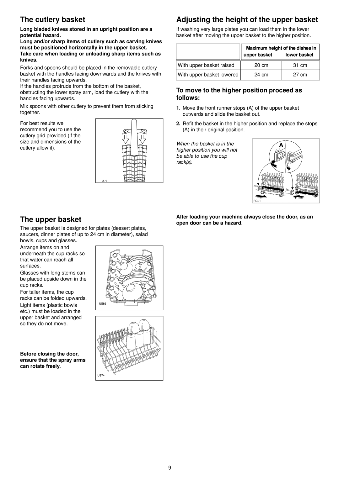 Tricity Bendix TDS 200 manual Cutlery basket, Adjusting the height of the upper basket, Upper basket 