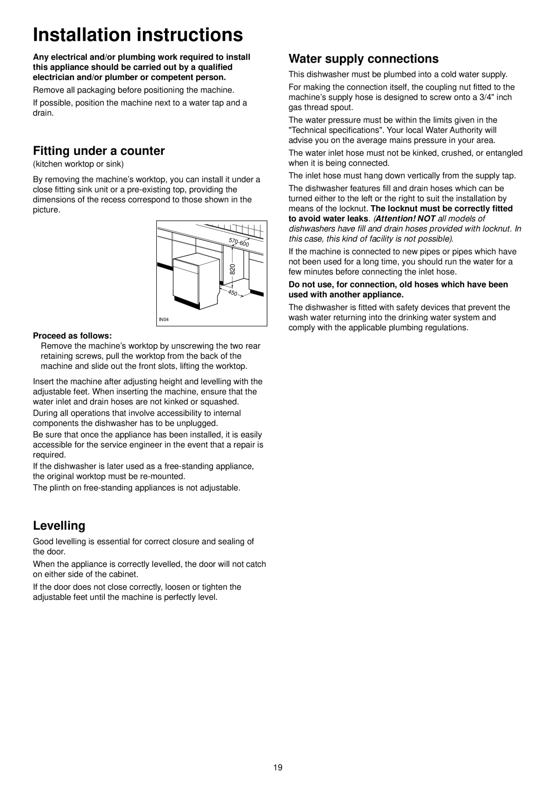 Tricity Bendix TDS 200 manual Installation instructions, Fitting under a counter, Levelling, Water supply connections 