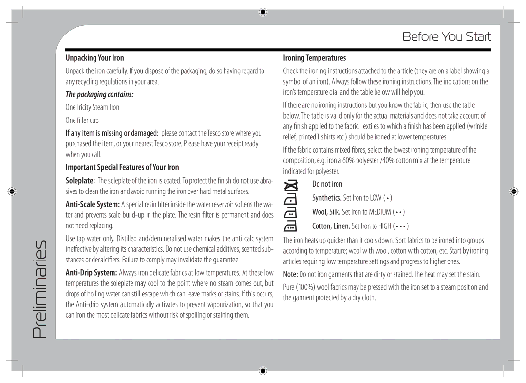 Tricity Bendix TIR2410 Preliminaries, Before You Start, Unpacking Your Iron, Important Special Features of Your Iron 