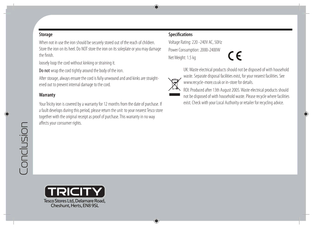 Tricity Bendix TIR2410 instruction manual Conclusion, Storage, Warranty, Specifications 