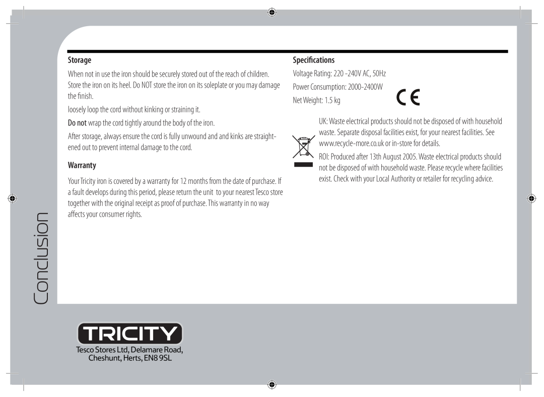 Tricity Bendix TIR2410 Conclusion, Storage, loosely loop the cord without kinking or straining it, Warranty 