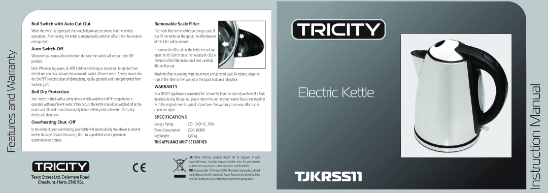 Tricity Bendix TJKRSSn instruction manual Warranty, Specifications, This Appliance Must be Earthed 