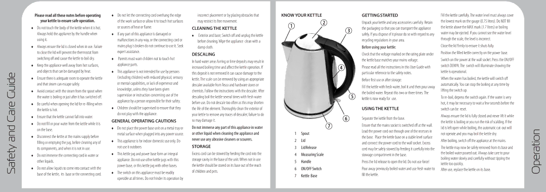 Tricity Bendix TJKRSSn General Operating Cautions, Cleaning the Kettle, Descaling, Storage, Know Your Kettle 