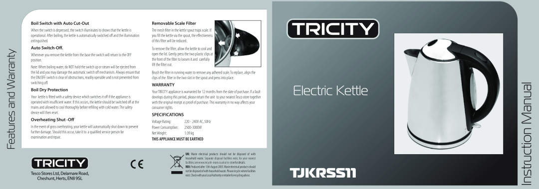 Tricity Bendix TJKRSSn instruction manual Features and Warranty, Boil Switch with Auto Cut-Out, Auto Switch-Off, TJKRSS11 