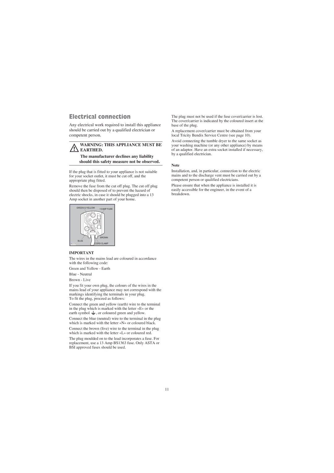 Tricity Bendix TM 210 W installation instructions Electrical connection 