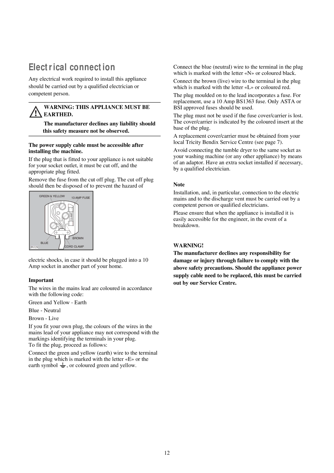 Tricity Bendix TM 221 W manual Electrical connection 