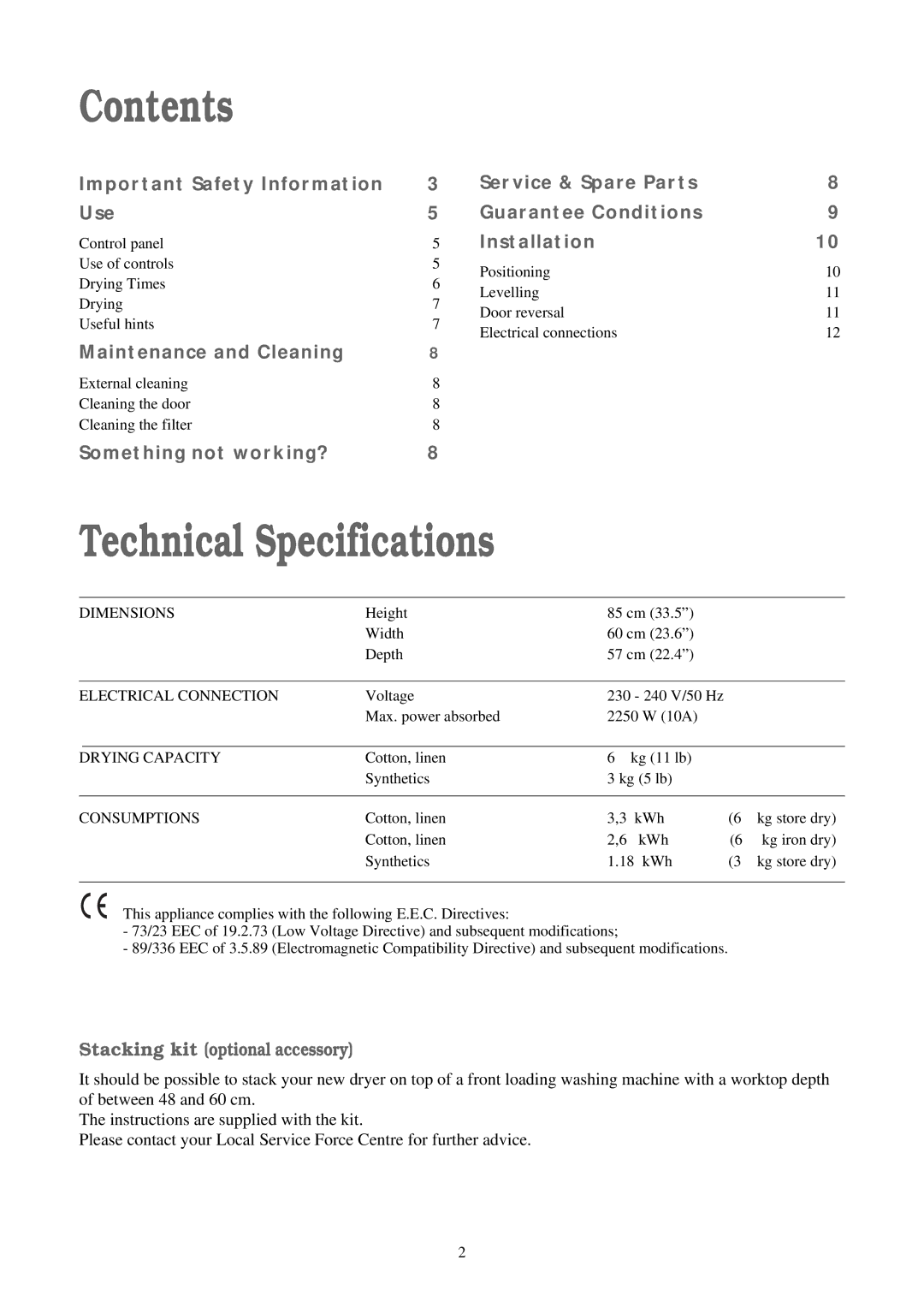 Tricity Bendix TM 221 W manual Contents, Technical Specifications 