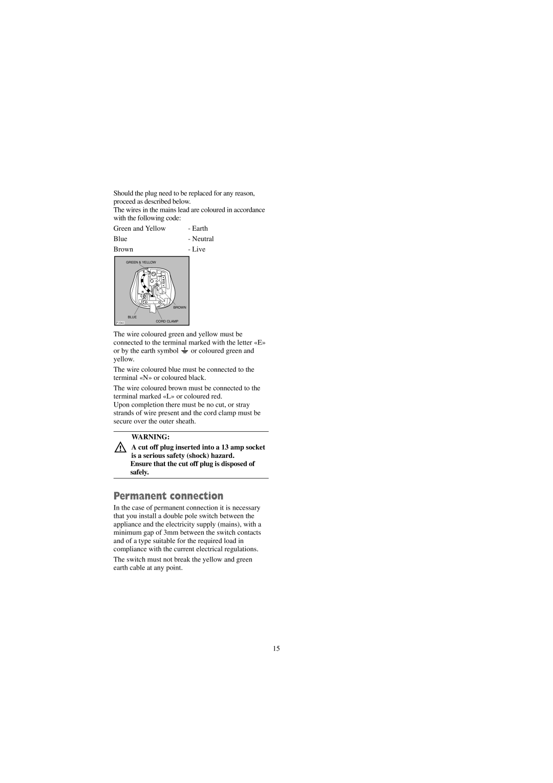 Tricity Bendix TM 310 W installation instructions Permanent connection 