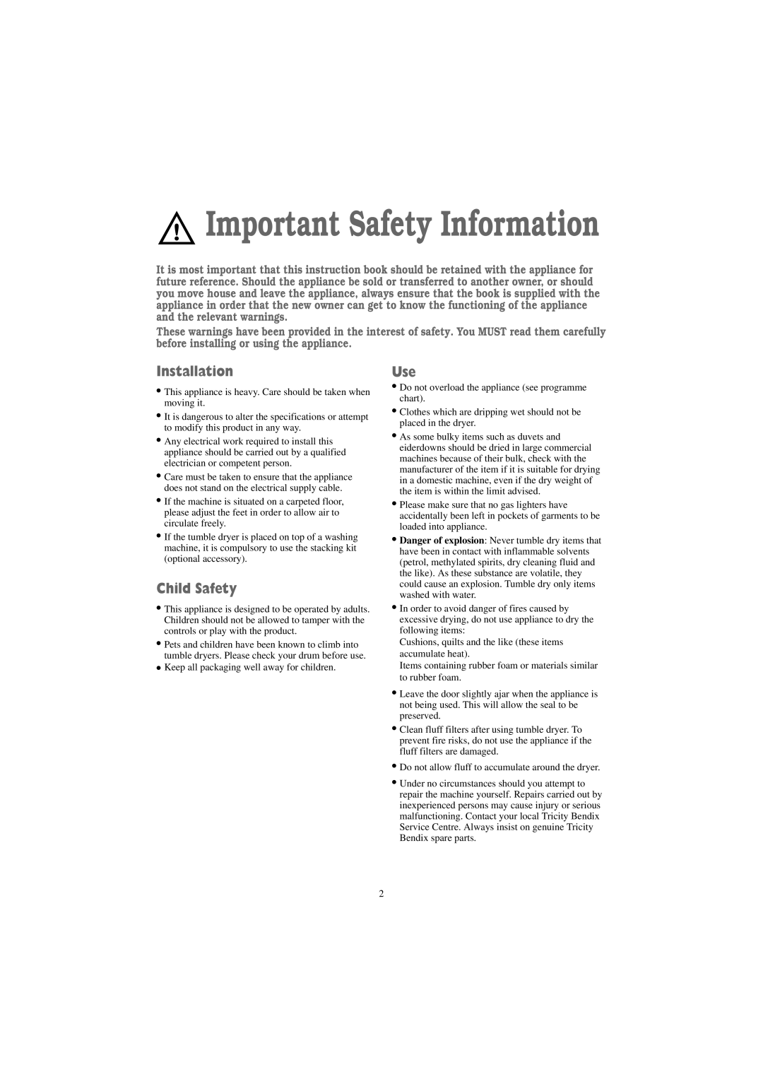 Tricity Bendix TM 310 W installation instructions Installation, Child Safety, Use 