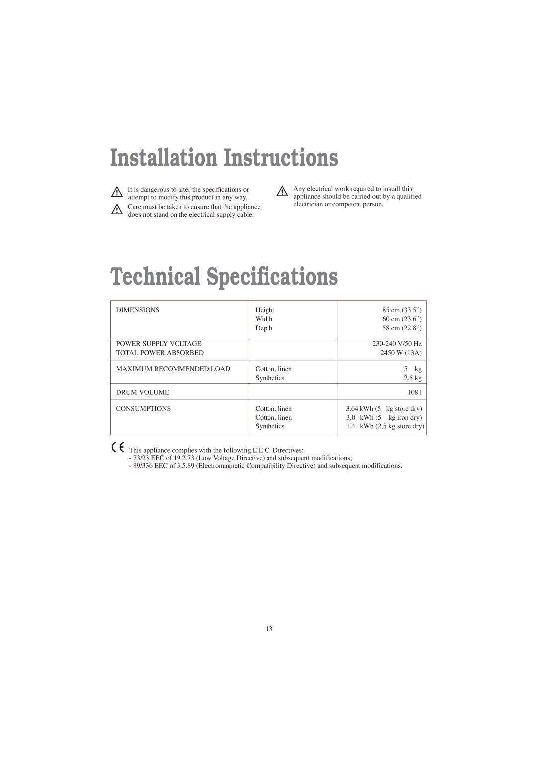 Tricity Bendix TM 320 W installation instructions Installation Instructions, Technical Specifications 