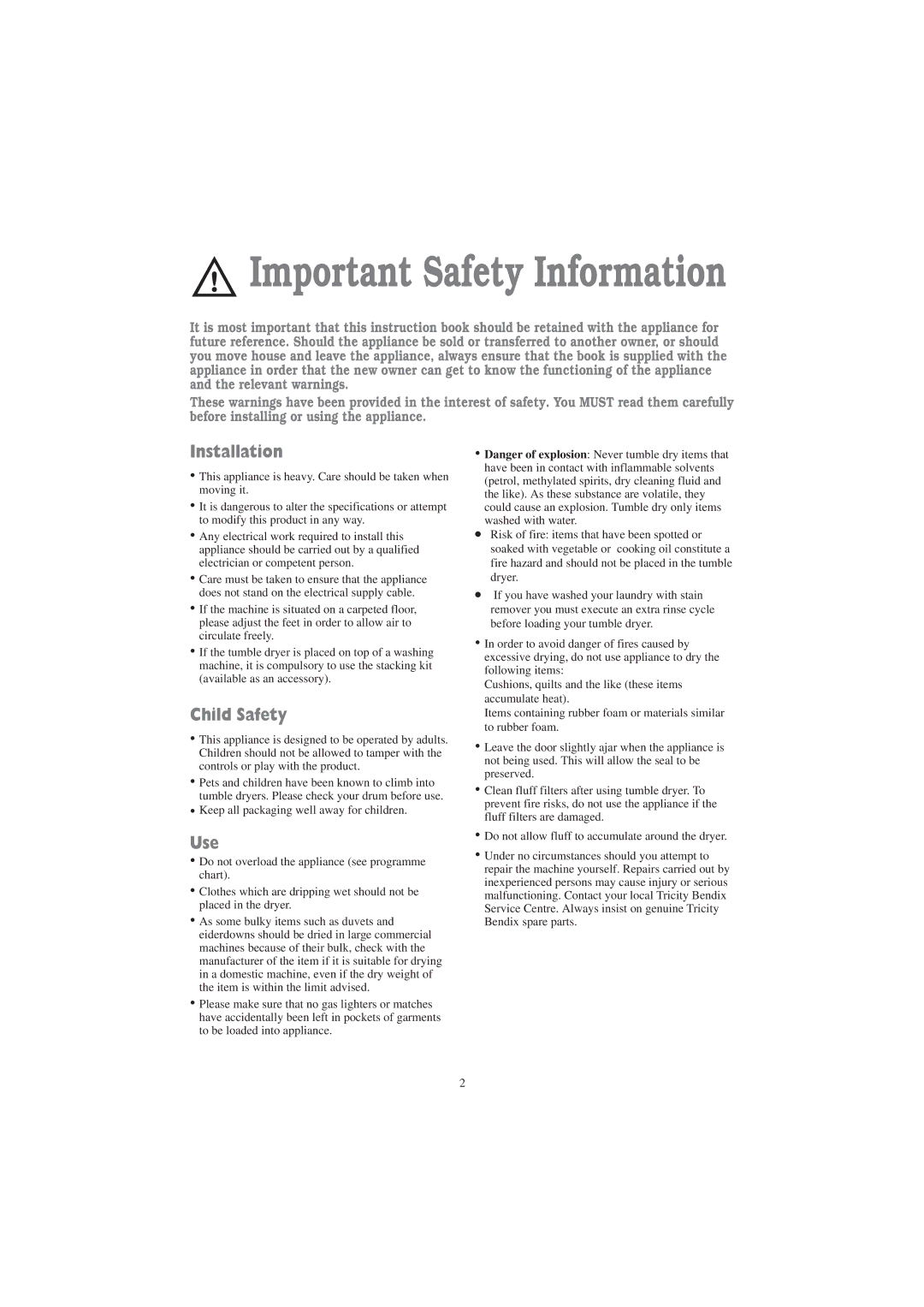 Tricity Bendix TM 320 W installation instructions Installation, Child Safety, Use 