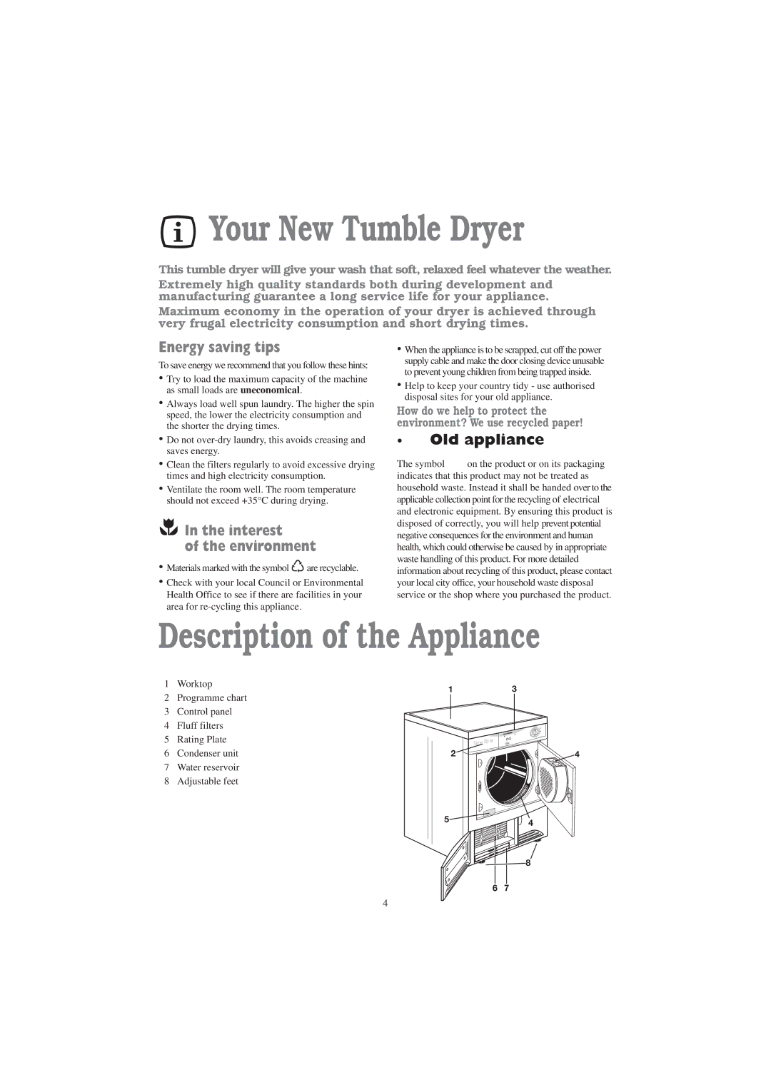 Tricity Bendix TM 320 W Your New Tumble Dryer, Description of the Appliance, Energy saving tips, Interest Environment 