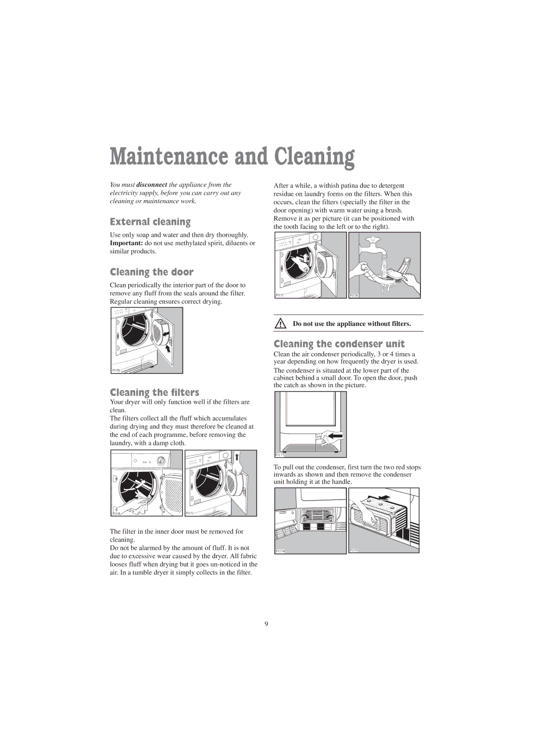 Tricity Bendix TM 320 W Maintenance and Cleaning, External cleaning, Cleaning the door, Cleaning the filters 