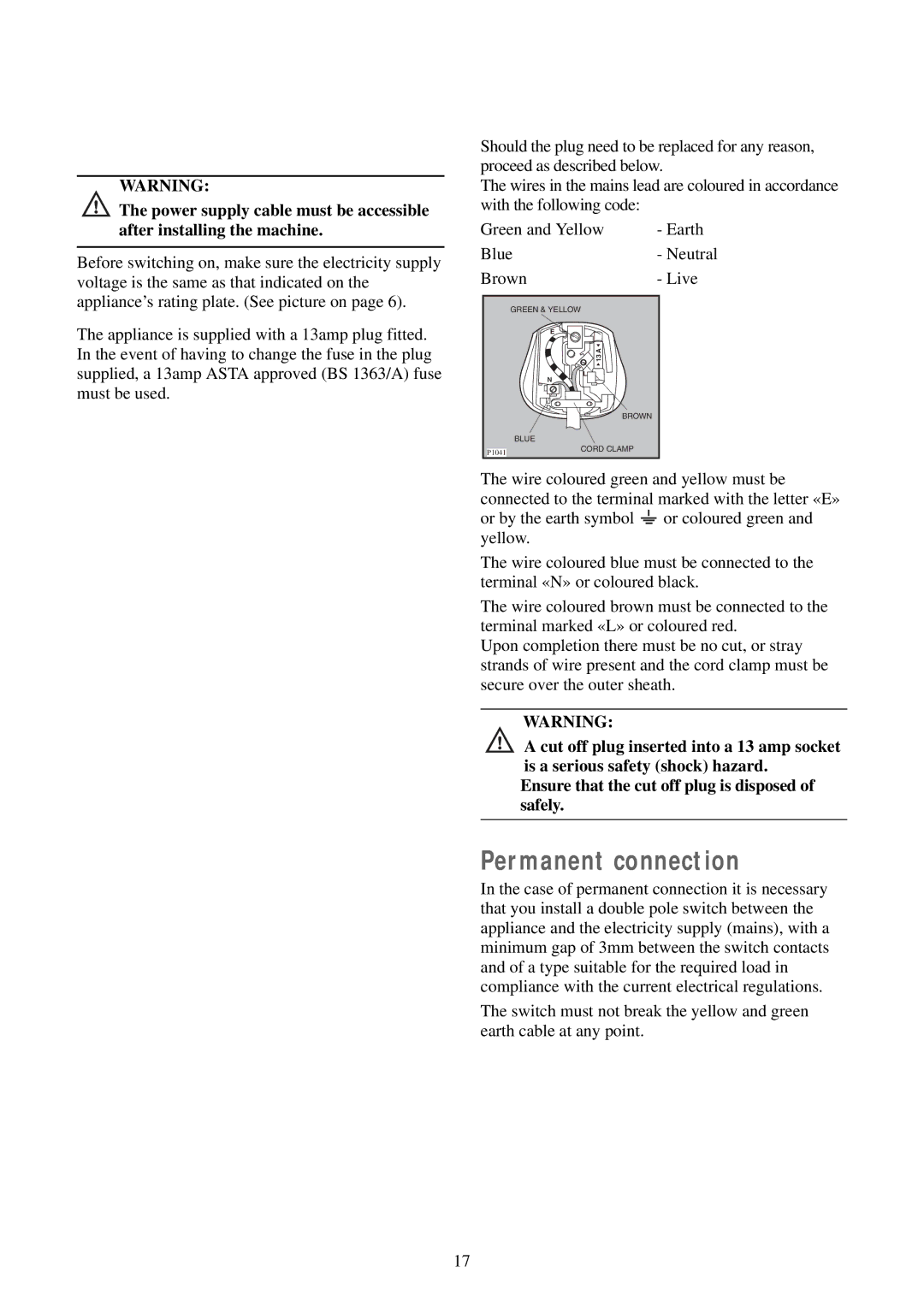 Tricity Bendix TM 321 W manual Permanent connection 