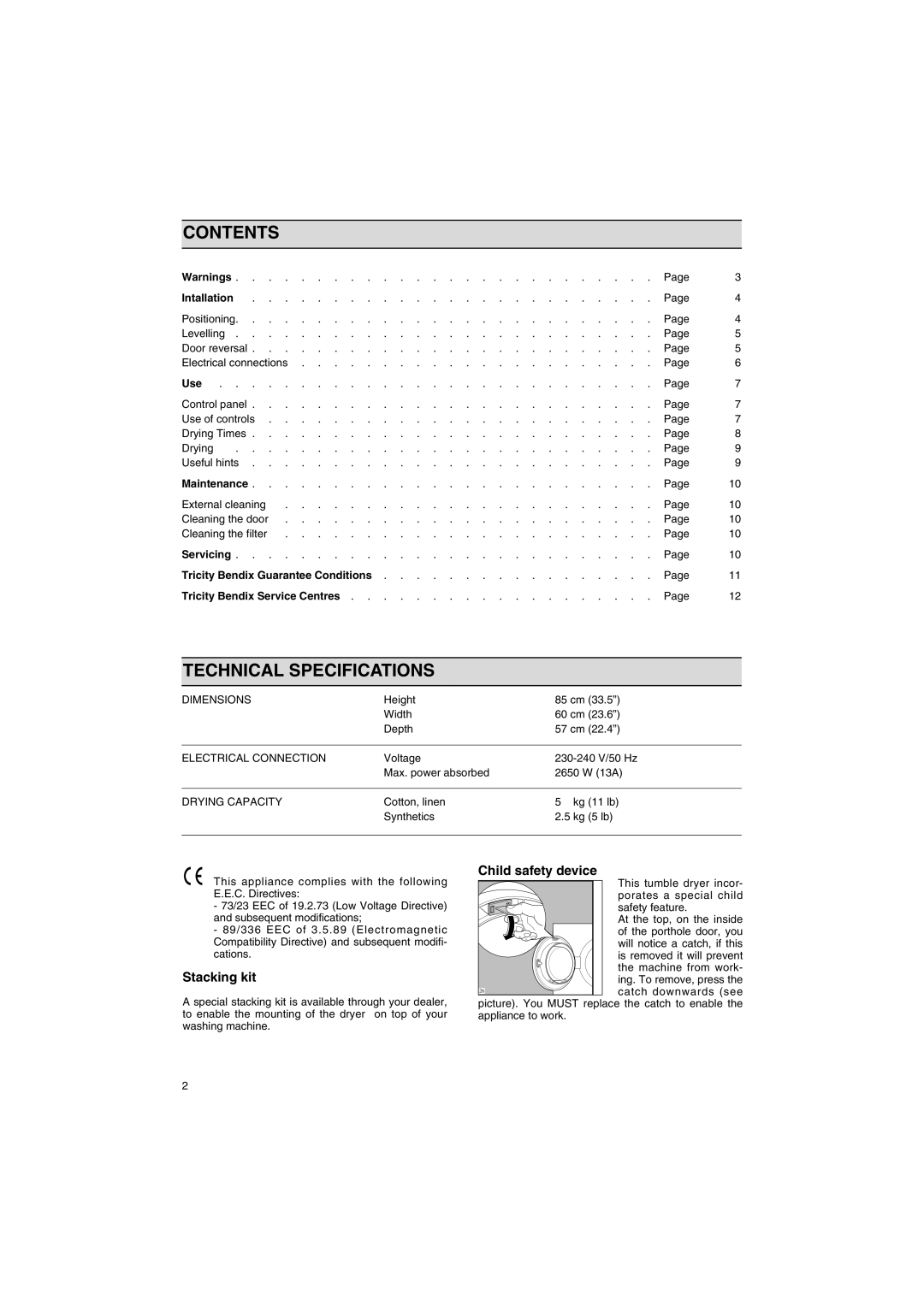 Tricity Bendix TM 560 installation instructions Contents, Technical Specifications 