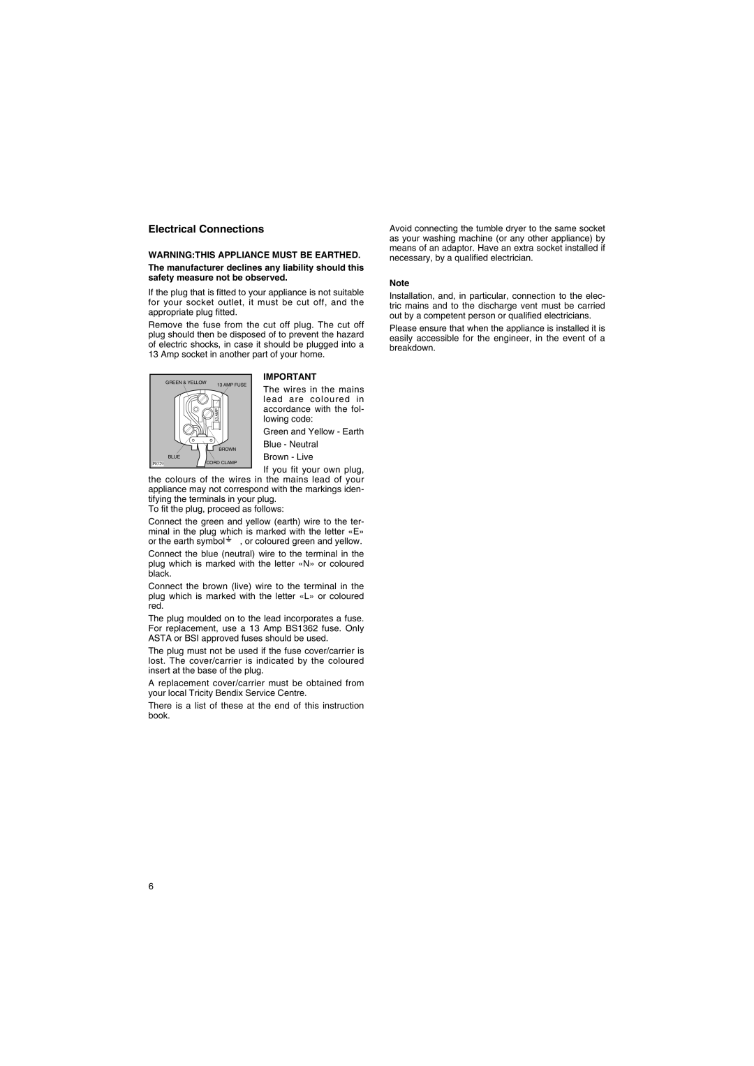 Tricity Bendix TM 560 installation instructions Electrical Connections 