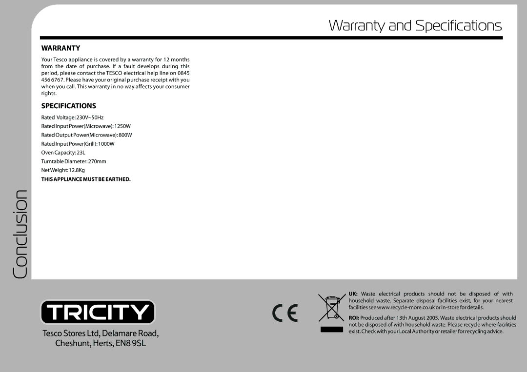 Tricity Bendix TMG209 instruction manual Conclusion, Warranty and Specifications 