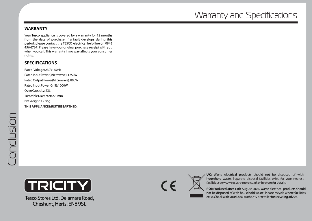 Tricity Bendix TMG209 Conclusion, Warranty and Specifications, Cheshunt, Herts, EN8 9SL, This Appliance Must Be Earthed 