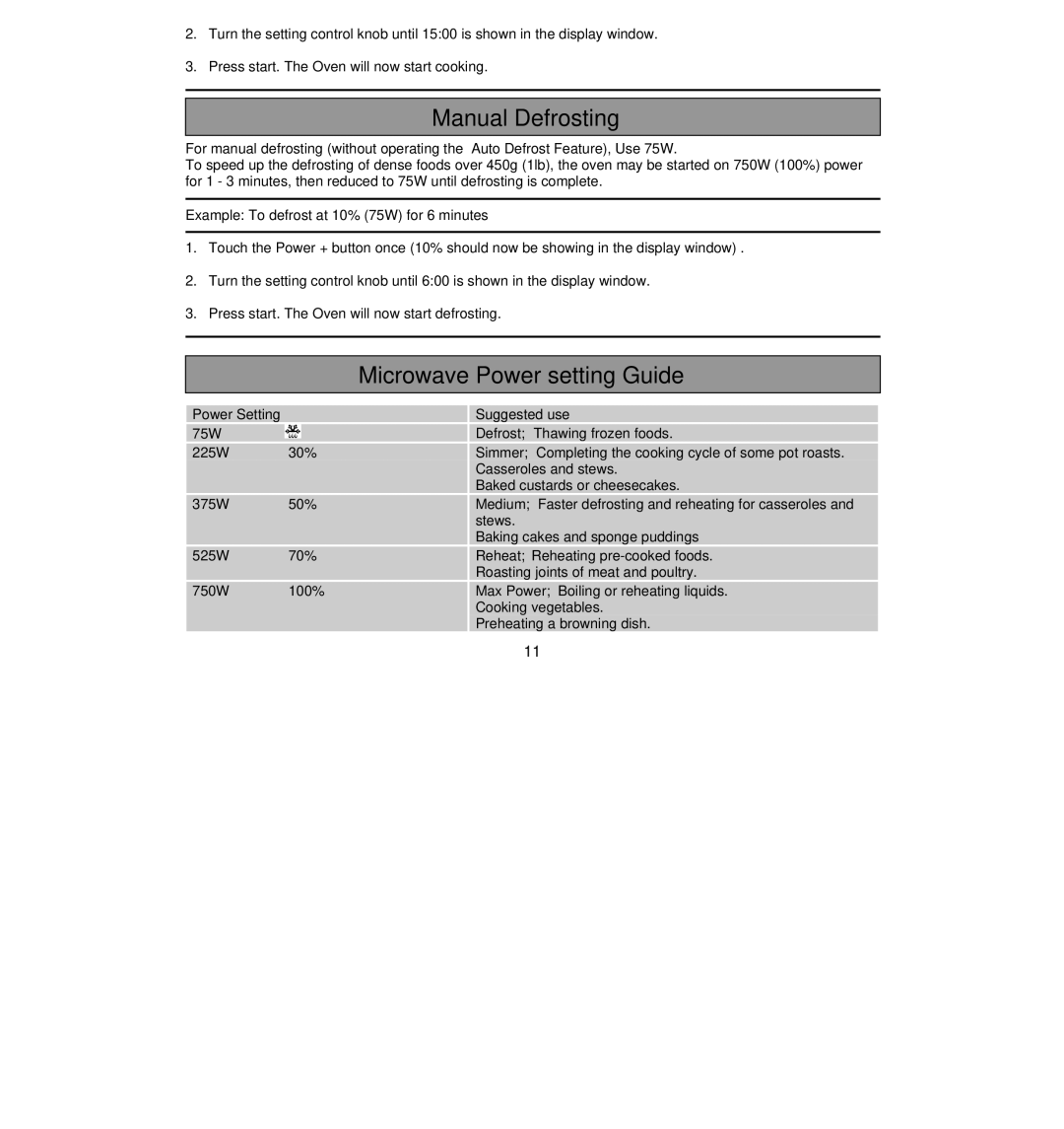 Tricity Bendix TRIC750E Manual Defrosting, Microwave Power setting Guide, Press Start The oven begins cooking 