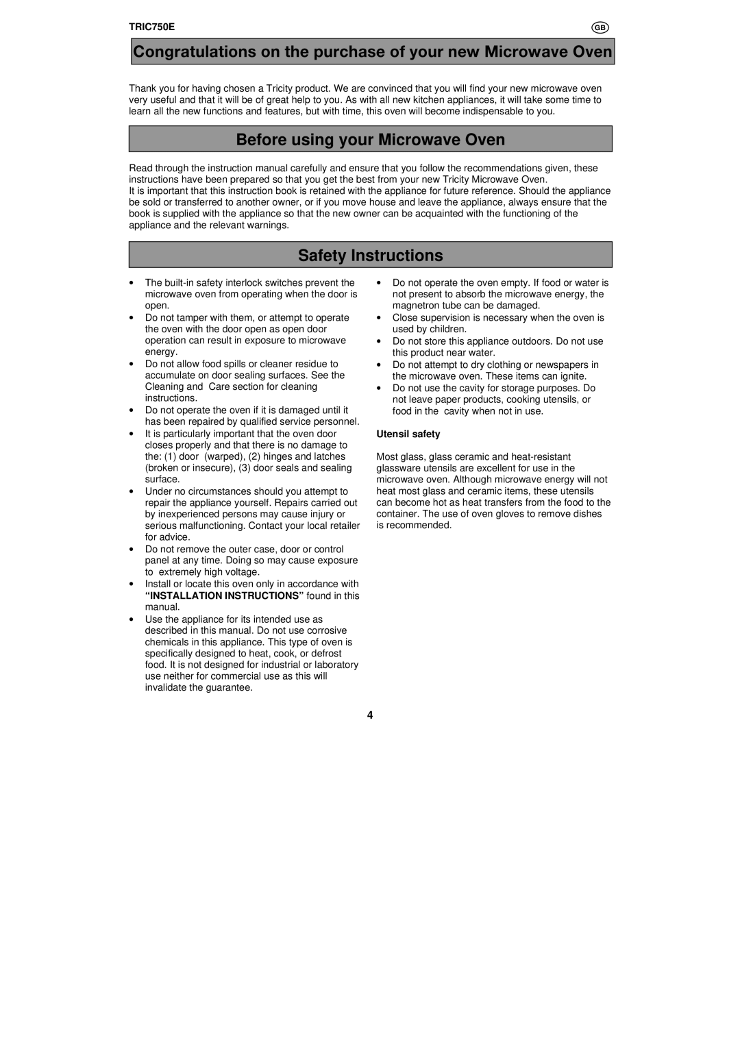 Tricity Bendix TRIC750E installation instructions Before using your Microwave Oven, Safety Instructions, Utensil safety 