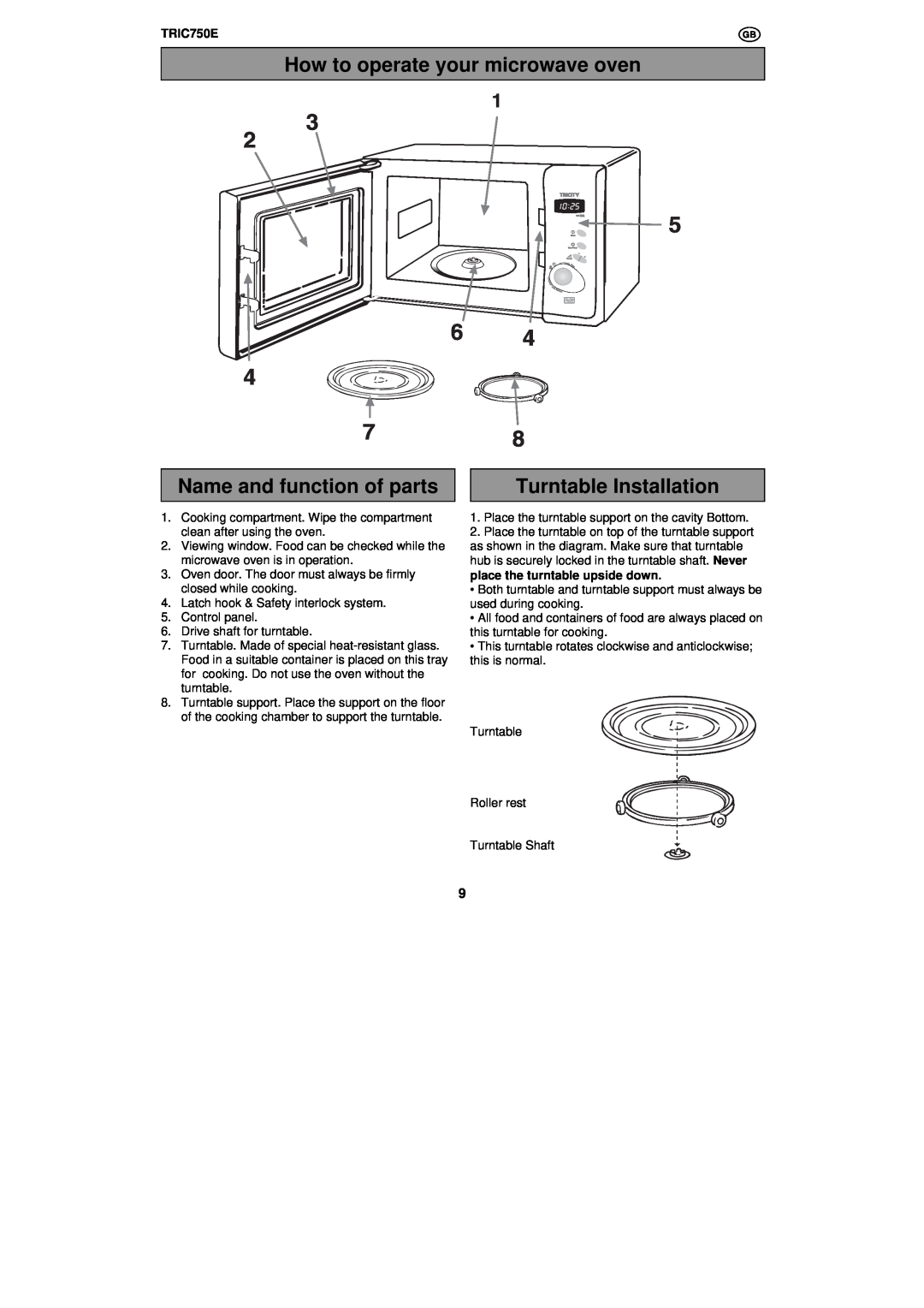 Tricity Bendix TRIC750E How to operate your microwave oven, Name and function of parts, Turntable Installation 