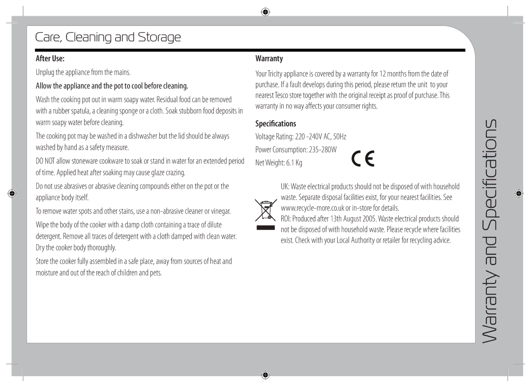 Tricity Bendix TSC6111 instruction manual Specifications, Warranty, Care, Cleaning and Storage 