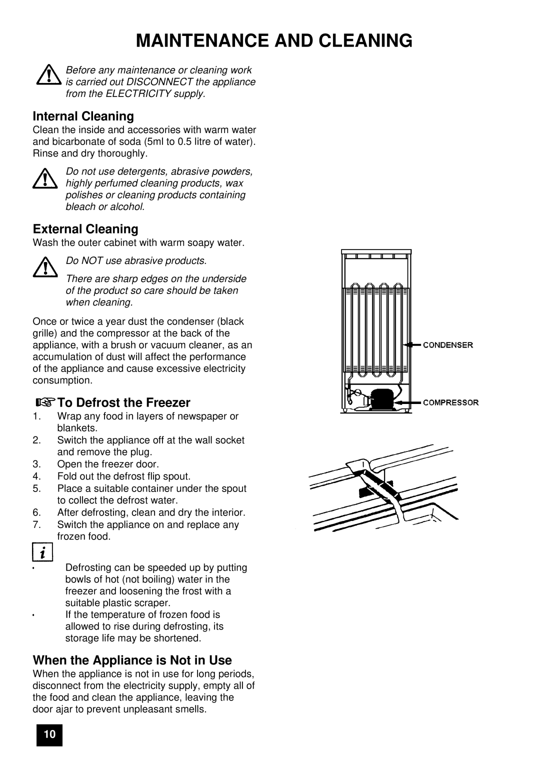 Tricity Bendix UF406W Maintenance and Cleaning, Internal Cleaning, External Cleaning, To Defrost the Freezer 