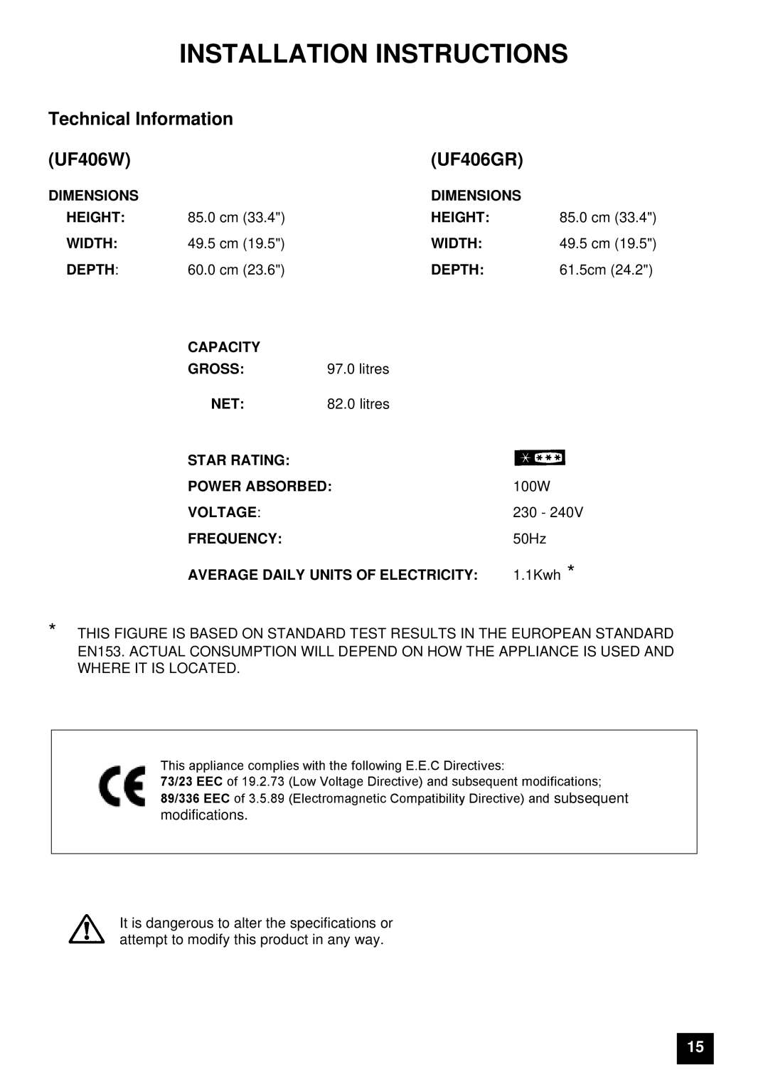 Tricity Bendix instruction manual Installation Instructions, Technical Information UF406W UF406GR 