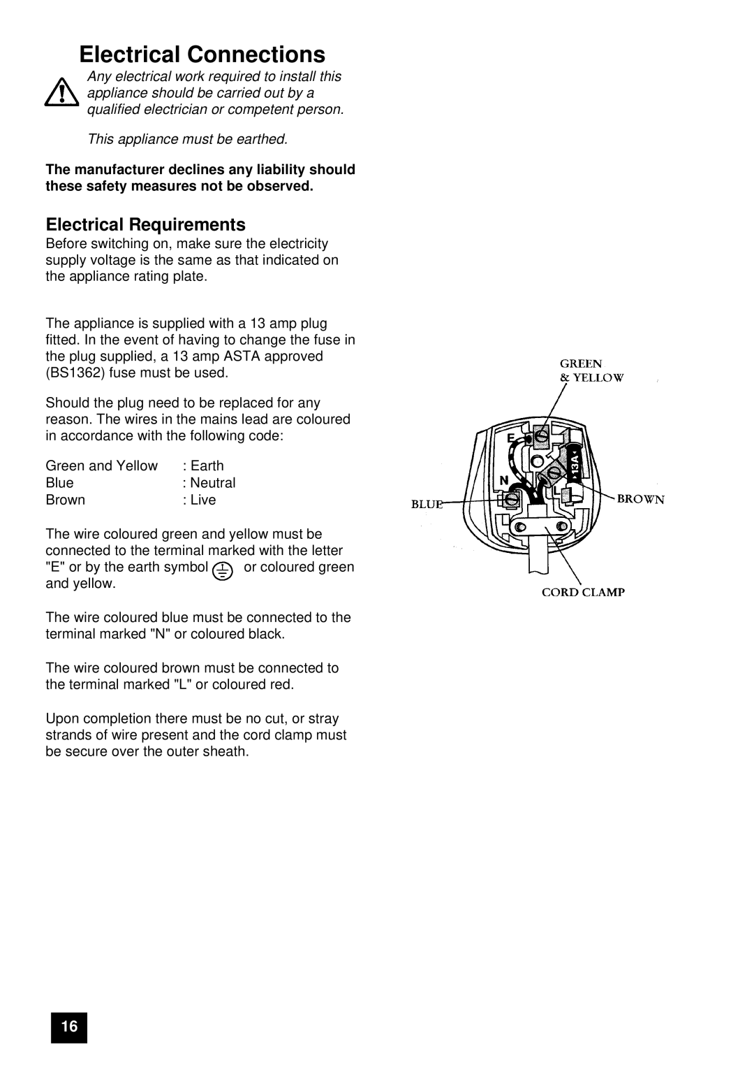 Tricity Bendix UF406W instruction manual Electrical Connections, Electrical Requirements 