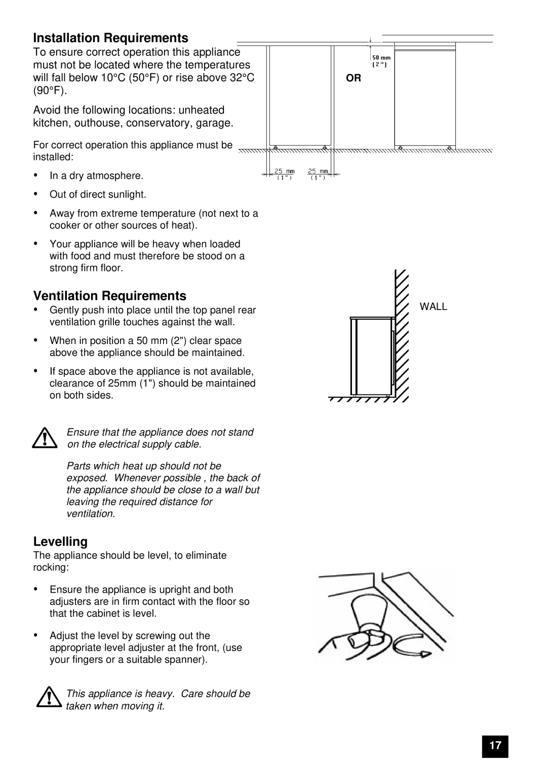 Tricity Bendix UF406W instruction manual Installation Requirements, Ventilation Requirements, Levelling 