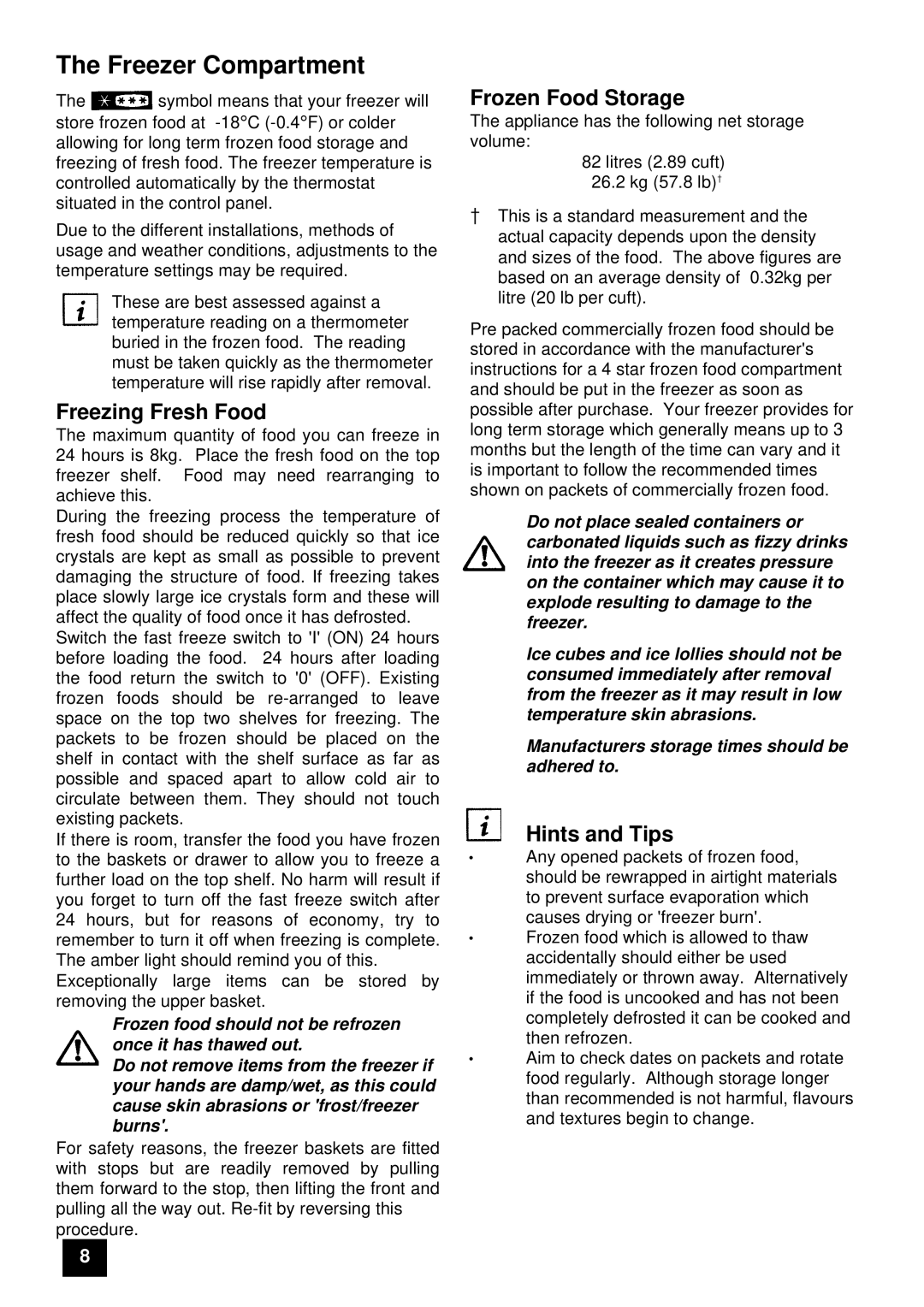 Tricity Bendix UF406W instruction manual Freezing Fresh Food, Frozen Food Storage 