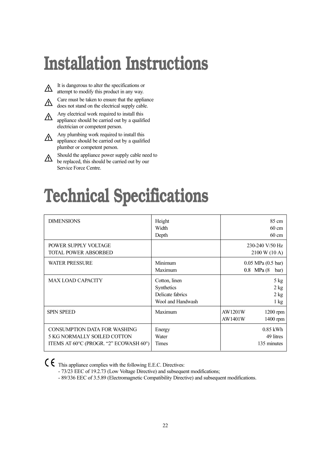 Tricity Bendix W AW 1401, AW 1201 installation instructions Installation Instructions, Technical Specifications 