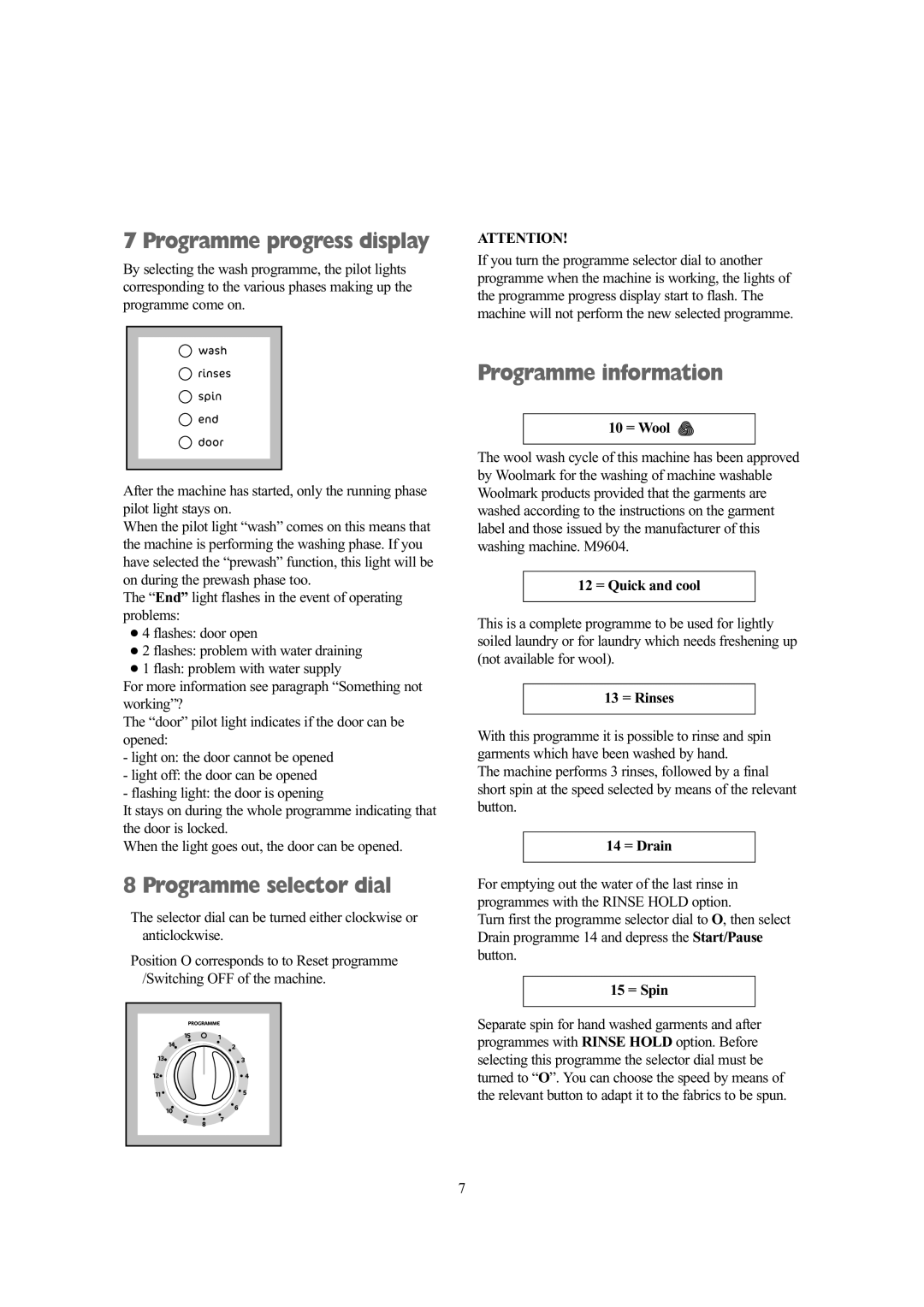 Tricity Bendix AW 1201, W AW 1401 Programme progress display, Programme selector dial, Programme information 