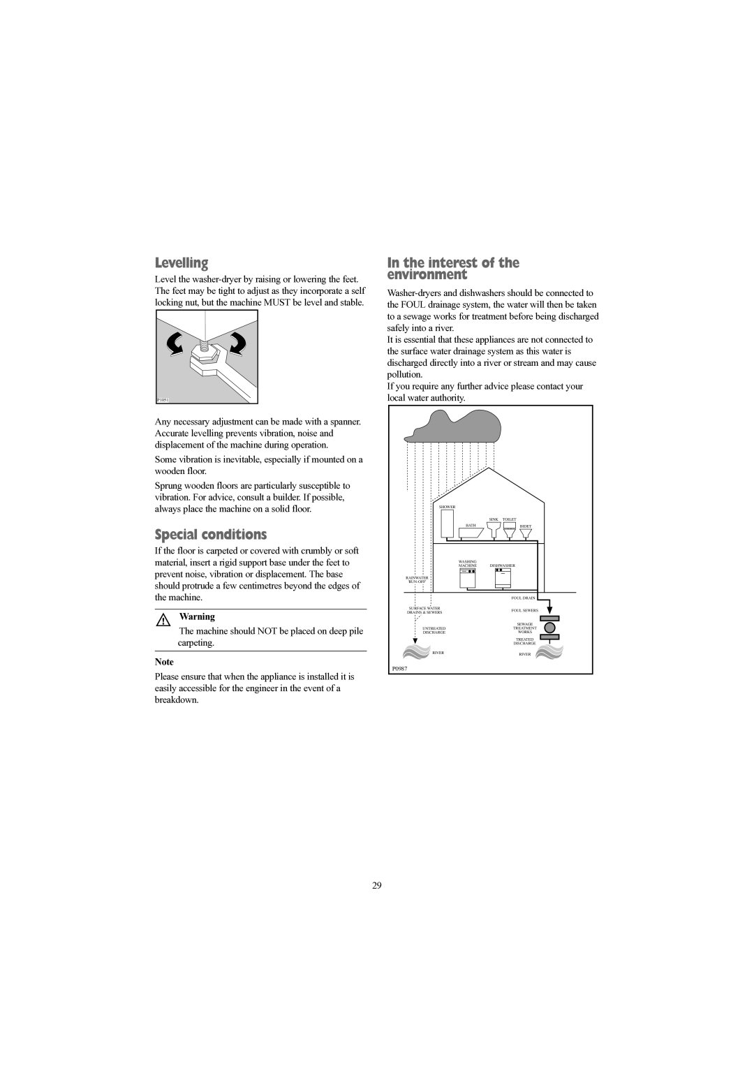 Tricity Bendix WDR 1030 installation instructions Levelling, Special conditions, Interest of the environment 