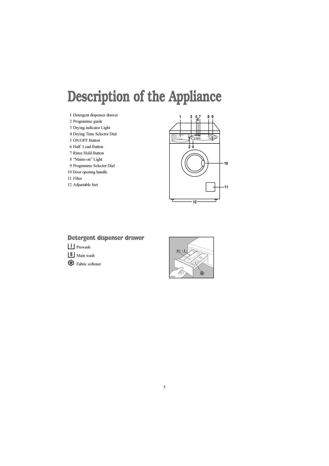 Tricity Bendix WDR 1030 installation instructions Description of the Appliance, Detergent dispenser drawer 