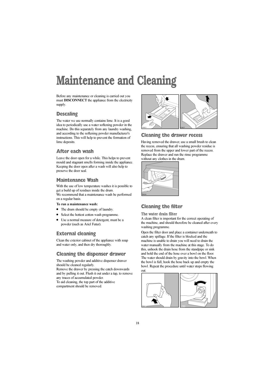 Tricity Bendix WDR 1040 W, WDR 1240 W installation instructions Maintenance and Cleaning 