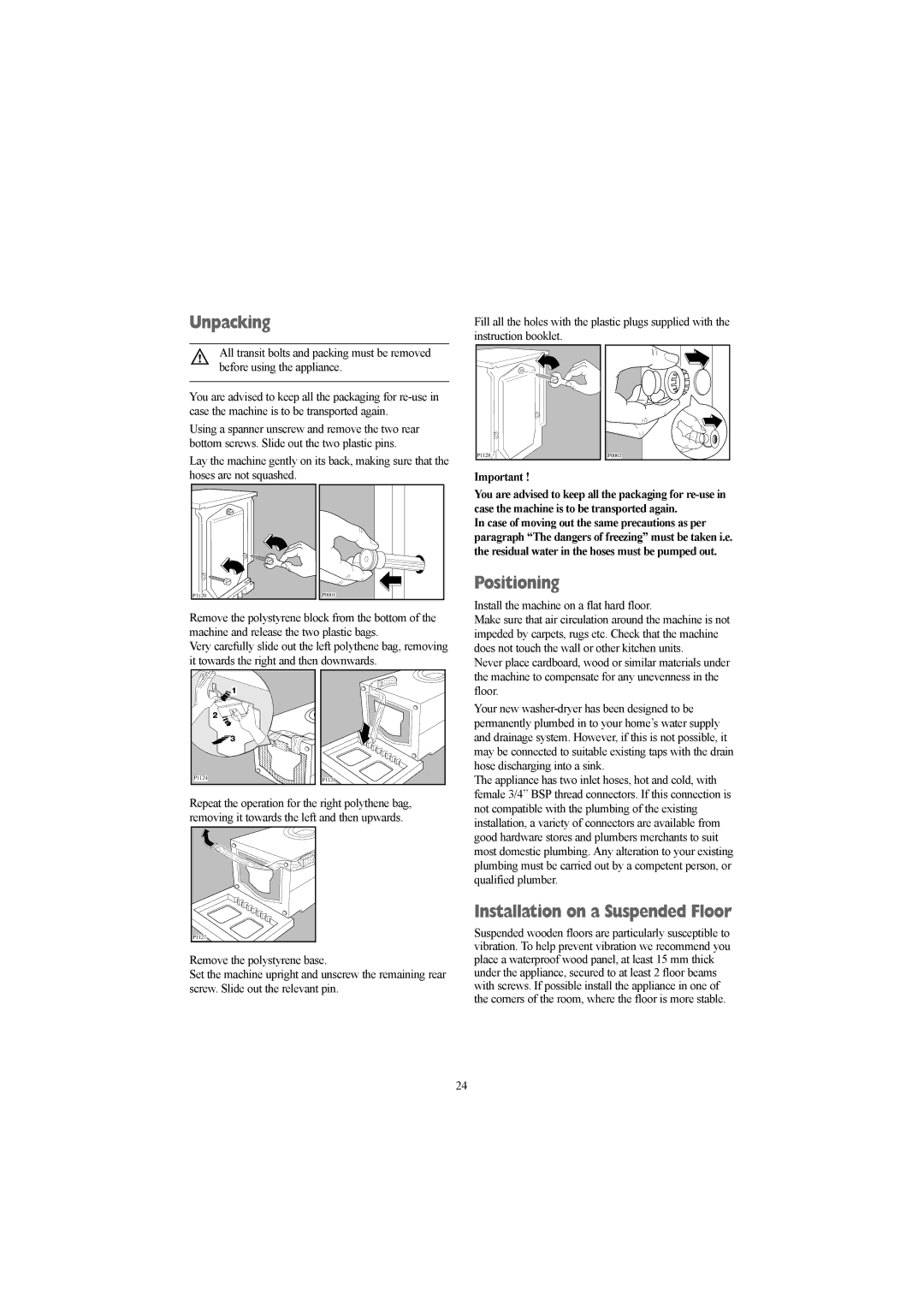 Tricity Bendix WDR 1040 W, WDR 1240 W installation instructions Unpacking, Positioning, Installation on a Suspended Floor 